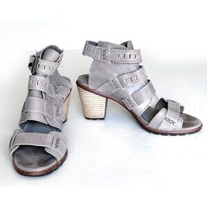 Sorel Leather Nadia Sandals Women 6.5 Peep Toe Heels Gray Strappy Buckles Boho